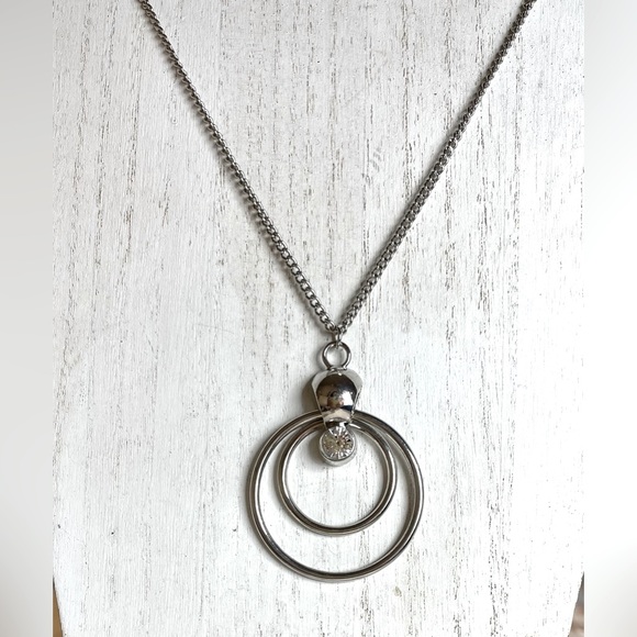 Double Circle Silver Tone Necklace Clear Rhinestone 24" Double Lobster Clasp. - Picture 3 of 3